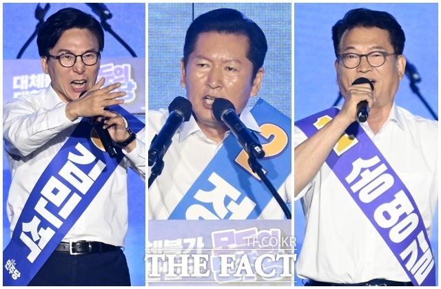 더불어민주당 당 대표 후보인 김민석과 정청래, 송영길 의원(왼쪽부터)이 17일 오후 대전 유성구 대전컨벤션센터에서 열린 더불어민주당 제3차 정기전국당원대회에서 정견발표를 하고 있다./대전=남용희 기자
