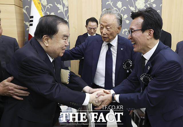 문희상 더불어민주당 상임고문과 인사하는 김민석 더불어민주당 신임 대표.
