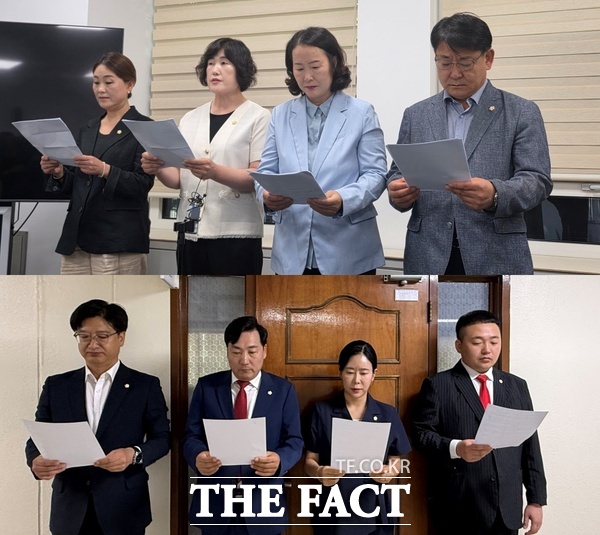 대전시 대덕구의회 더불어민주당 의원들(위)과 국민의힘 의원들(아래)이 19일 각각 입장문을 내고 원 구성 파행에 대한 입장을 밝혔다. /정예준 기자