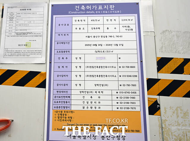 19일 오후 서울 용산구 한남동 조 회장의 주택 공사 현장에 건축허가표지판이 붙어 있다.