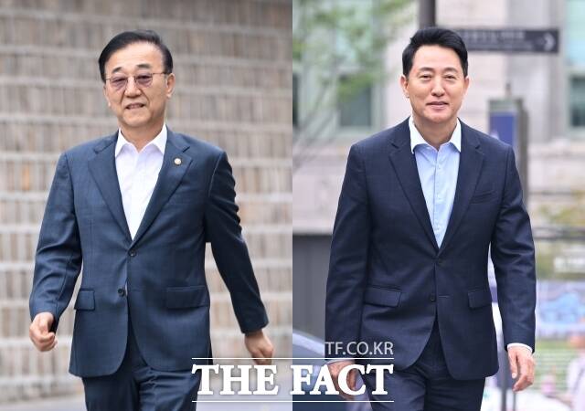 김윤덕 국토교통부 장관(왼쪽)과 오세훈 서울시장이 20일 오전 서울 중구 달개비에서 주택공급 관련 회동을 하고 있다. /이새롬 기자