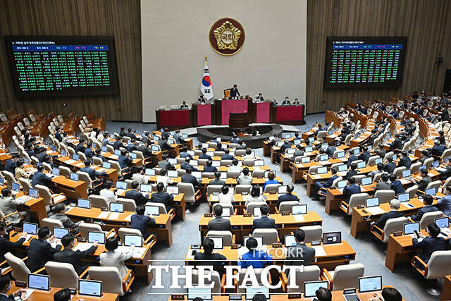 국회법 일부개정법률안(대안) 가결을 알리며 의사봉 두드리는 조정식 국회의장.