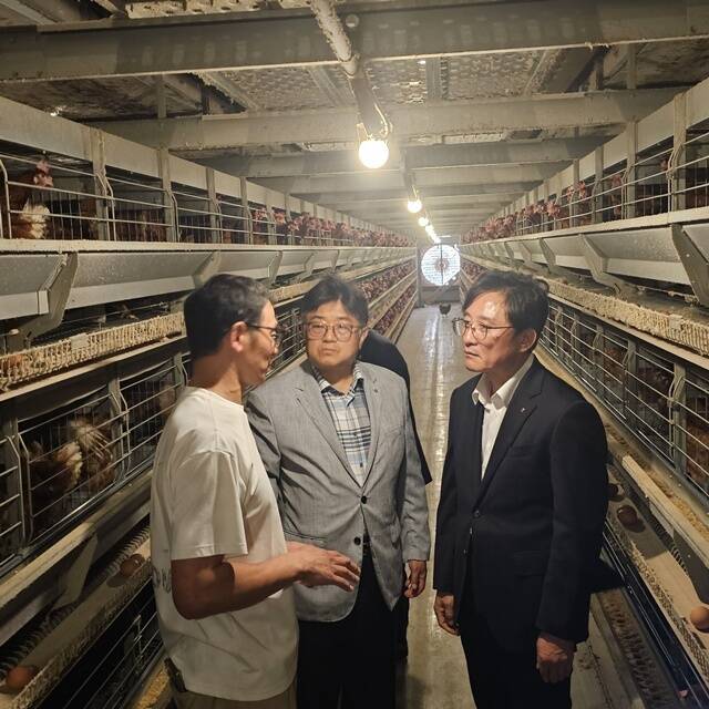 이영우 NH농협은행 농업·공공금융부 부행장(가운데)과 김성록 경기영업본부장(오른쪽)이 홍종광 삼형농장 대표로부터 농장시스템에 대한 설명을 듣고 있다. /NH농협은행