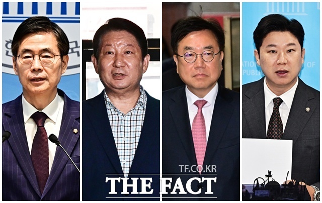 국민의힘 중앙윤리위원회는 20일 조경태(왼쪽부터)·권영진·서범수·진종오 의원에 대해 '당원권 정지' 징계를 결정했다. 조 의원에 당원권 정지 2년 6개월, 진 의원은 정지 2년, 권 의원은 정지 1년 6개월, 서 의원은 정지 10개월을 각각 의결했다. /배정한 기자