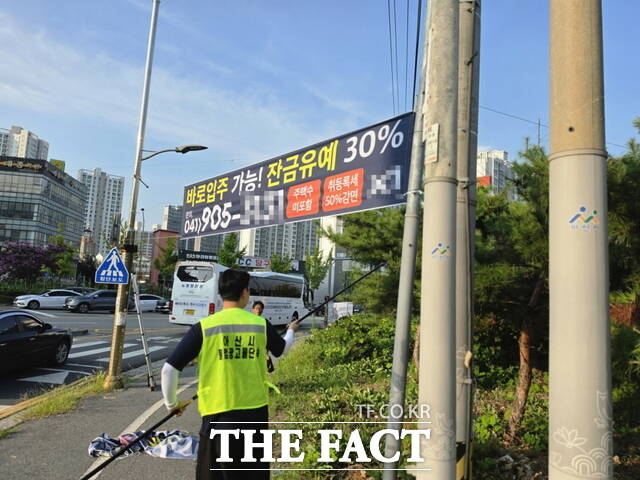 아산시 관계자가 불법 광고물인 현수막을 현장에서 정비하고 있다. /아산시