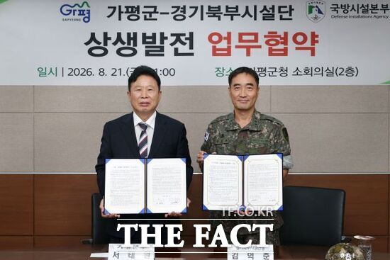 서태원 경기 가평군수(왼쪽)와 김익준 국방시설본부 경기북부시설단장이 21일 군청 소회의실에서 '가평군·국방시설본부 상생발전 업무협약'을 체결한 뒤 기념 촬영을 하고 있다. /가평군