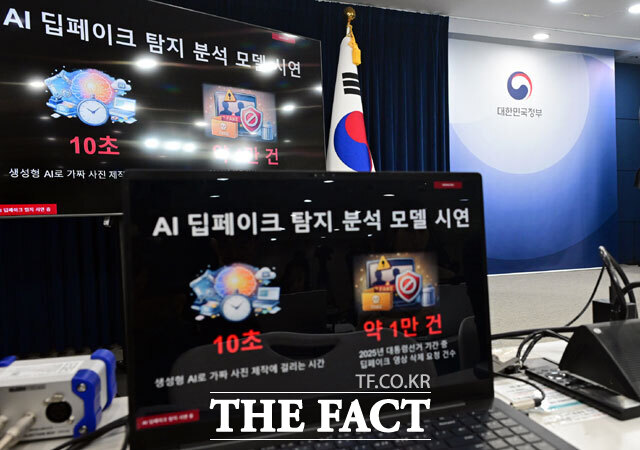 방미심위는 중점 모니터링을 통해 AI로 음란물이나 딥페이크를 생성하는 해외 사이트 64건을 적발하고, 통신심의소위원회에서 이들 사이트에 대해 시정요구를 의결했다. 사진은 정부의 AI 딥페이크 탐지 분석 모델 시연 장면으로 기사 내용과 무관하다. /더팩트 DB