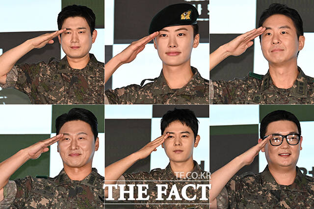 배우 남태우, 이원정, 이현균, 오대환, 김동준, 김민호(왼쪽 위부터 시계 방향)가 24일 오후 서울 구로구 신도림 디큐브시티 더 세인트 그랜드볼룸에서 열린 ENA 새 월화드라마 '신병4: 사보타주' 제작발표회에 참석해 포즈를 취하고 있다. /박상민 기자