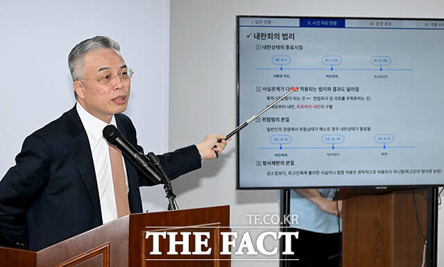 권창영 2차 종합특별검사(가운데)가 24일 오전 경기도 과천시 특검팀 사무실에서 최종 수사결과 발표를 하고 있다. /과천=박상민 기자