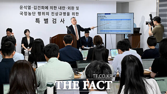 권창영 2차 종합특별검사(가운데)가 24일 오전 경기도 과천시 특검팀 사무실에서 최종 수사결과 발표를 하고 있다. /과천=박상민 기자