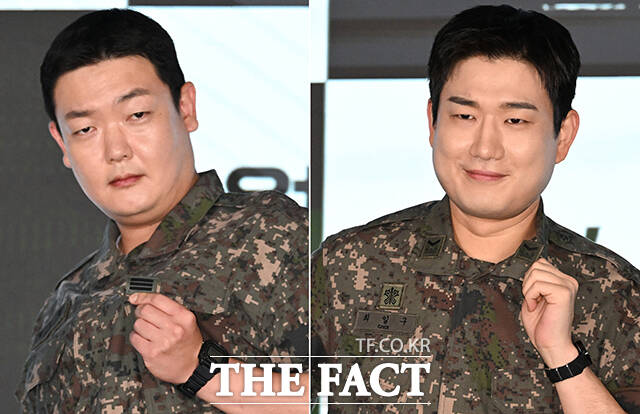 배우 김민호(왼쪽)와 남태우가 24일 오후 서울 구로구 신도림 디큐브시티 더 세인트 그랜드볼룸에서 열린 ENA 새 월화드라마 '신병4: 사보타주' 제작발표회에 참석해 포즈를 취하고 있다. /박상민 기자