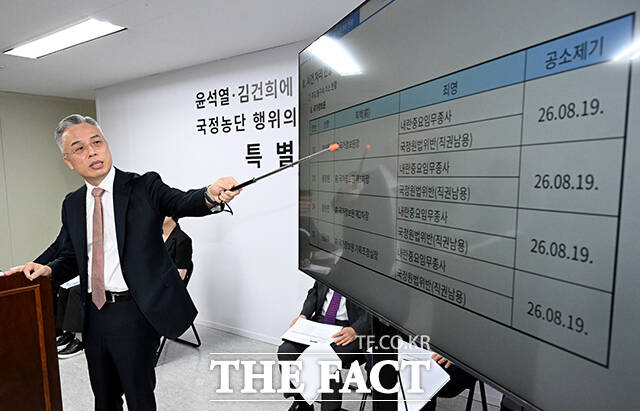 권창영 2차 종합특별검사(가운데)가 24일 오전 경기도 과천시 특검팀 사무실에서 최종 수사결과 발표를 하고 있다. /과천=박상민 기자