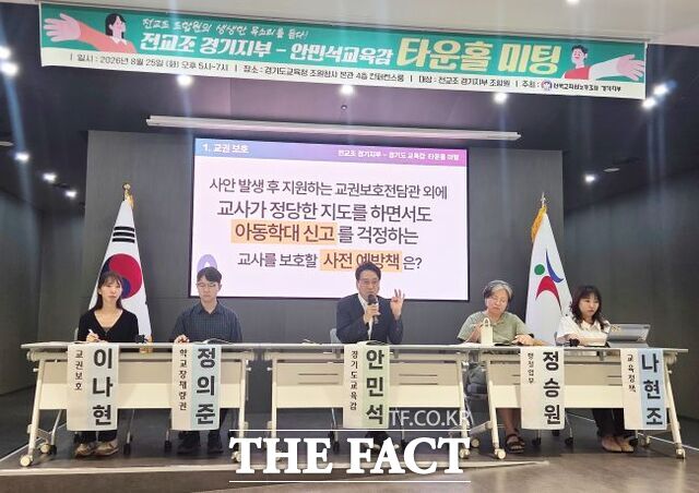 25일 오후 경기도교육청 조원청사 4층 콘퍼런스룸에서 전교조 경기지부가 조합원들을 대상으로 진행한 타운홀 미팅에서 안민석 교육감이 발언하고 있다. /박아론 기자