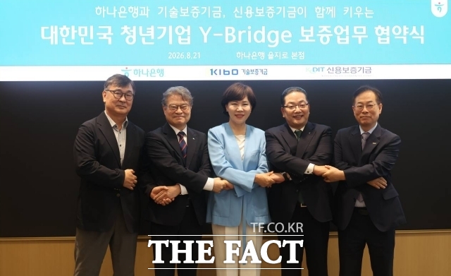 전현희 더불어민주당 의원이 추진해 온 청년창업 금융지원 방안이 최대 3억 원의 운전자금을 3%대 금리로 지원하는 금융상품으로 출시됐다. 사진은 지난 21일 체결된 전 의원과 하나은행, 기술보증기금, 신용보증기금의 대한민국 청년 기업 Y-Bridge 보증업무 협약식. /전현희 의원실 제공