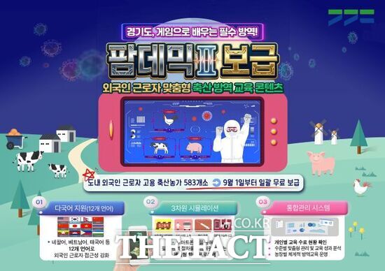 경기도가 외국인 노동자의 가축방역 역량을 높이기 위해 보급하는 다국어 기반 게임형 가축방역 교육 프로그램 '팜데믹Ⅱ' 안내 포스터 /경기도