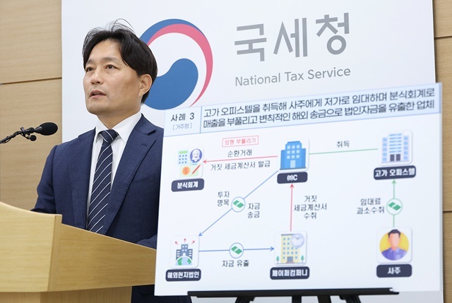 이성글 국세청 조사국장이 사주일가의 고가주택 사적 사용 등과 관련한 세무조사 진행에 대해 25일 브리핑을 하고 있다. 국세청은 사주 일가의 유학자녀에 대한 해외 사택 무상제공과 유학비 지원 등 법인자금 횡령 행위 전반에 대한 세무조사를 확대할 방침이다. /국세
