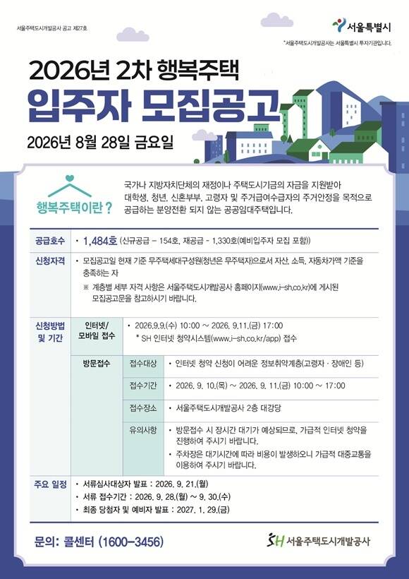 서울주택도시개발공사가 행복주택 1484세대 입주자 및 예비 입주자를 모집한다고 28일 밝혔다. 청약 접수는 9월 9일부터 11일까지 이뤄진다. /SH