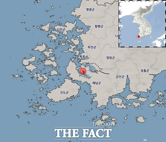28일 오전 7시 44분쯤 전남광주 해남군 서북서쪽 21km 지점에서 규모 2.2의 지진이 발생했다. /기상청