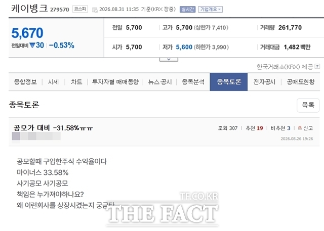 케이뱅크 주가가 부진한 상황에서 주주가치 제고 대책이 나오지 않으면서 주주들 사이에서는 불만이 속출하고 있다. 사진은 케이뱅크 종목토론방에 올라온 한 주주의 글. /케이뱅크 종토방 갈무리