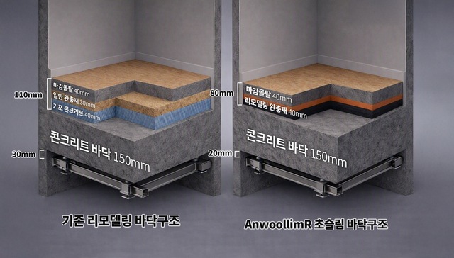 포스코이앤씨는 리모델링 아파트 전용 층간소음 저감기술 '안울림R(AnwoollimR)'을 개발했다. 사진은 안울림R 바닥 구조. /포스코이앤씨
