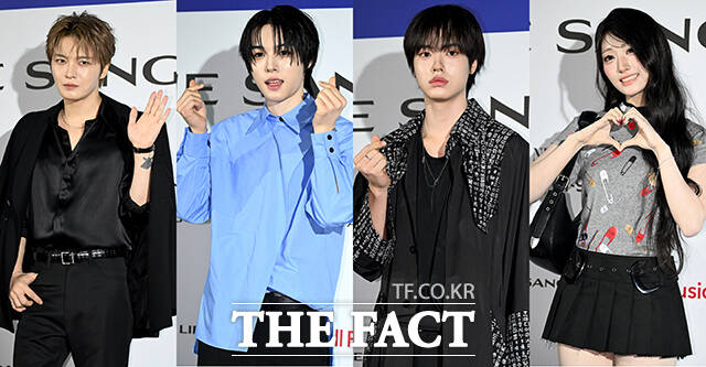 가수 김재중과 그룹 키빗업 세나, 베이온 마노, 세이마이네임 준휘(왼쪽부터)가 1일 오후 서울 중구 동대문디자인플라자(DDP)에서 열린 2027 S/S 서울패션위크 이상봉 포토월에 참석해 포즈를 취하고 있다. /박상민 기자