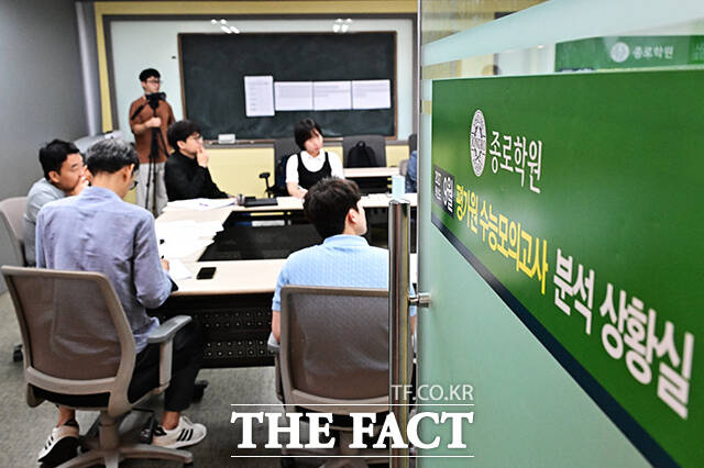 대학수학능력시험(수능) 전 마지막 모의평가인 9월 모의평가가 2일 전국에서 시작된 가운데 서울 양천구 종로학원 본원 모의평가 분석상황실에서 임성호 종로학원 대표와 강사진들이 국어영역 문제에 대해 분석을 하고 있다. /배정한 기자
