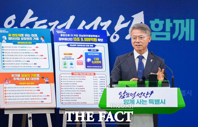 민형배 전남광주통합특별시장이 2일 특별시 광주청사 브리핑룸에서 2027년도 정부예산안 국비 확보 추진상황을 브리핑 하고 있다. /전남광주시