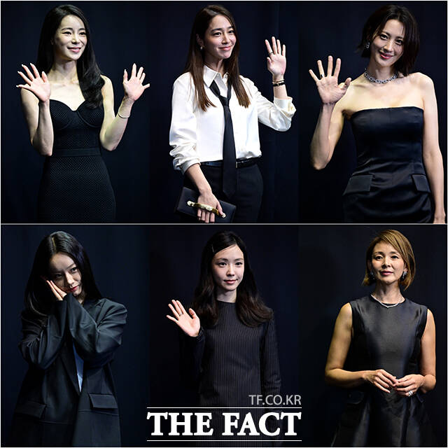 임지연, 이민정, 수현, 야노 시호, 손나은, 혜리(왼쪽 위부터 시계방향으로)가 3일 오후 서울 성동구 성수동 시몬스 갤러리 성수에서 열린 이머시브 아트 퍼포먼스 행사에 참석해 포즈를 취하고 있다. /남윤호 기자