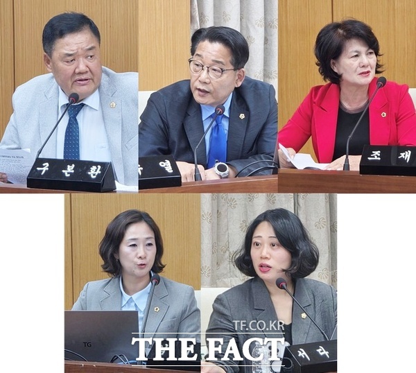 대전시의회 민인홍 대전시설관리공단 이사장 후보자 인사청문특별위원회 위원들이 4일 민 후보자에게 질의를 하고 있는 모습. 왼쪽 상단부터 시계방향으로 구본환 대전시의원, 류수열 대전시의원, 조재철 대전시의원, 서다운 대전시의원, 김미의 대전시의원. /정예준 기자