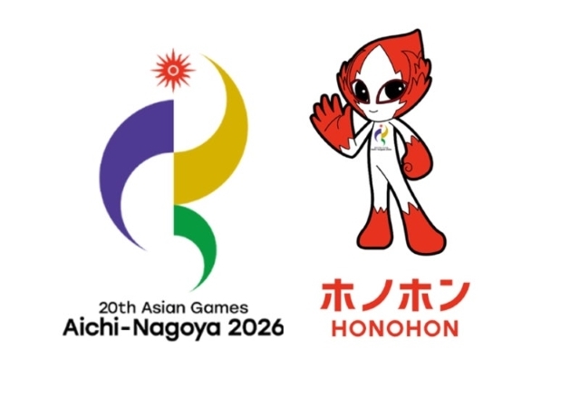 제20회 아이치 나고야 아시안게임 로고(왼쪽)와 공식마스코트. 호노혼(HONOHON)은 선수들의 열정과 개최지의 상징인 샤치호코를 모티브로 제작됐다. 대회 공식 슬로건은 IMAGINE ONE ASIA(하나의 아시아를 상상하라)이다. / 2026 아이치 나고야 아시안게임 조직위원회