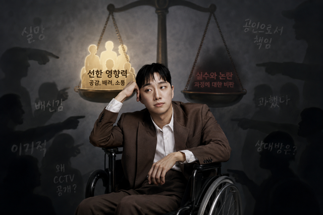 박위 논란의 발단은 KTX 하차 과정에서 발생한 낙상 사고였다. 휠체어를 이용해 이동하던 박위가 경사판을 내려오던 중 사회복무요원의 발에 바퀴가 걸리면서 넘어지는 사고가 발생했고, 박위는 이후 해당 장면이 담긴 CCTV 영상을 자신의 유튜브 채널에 공개했다. 하지만 현장에서 자신을 돕던 근무자가 사과한 상황에서 CCTV까지 공개한 것은 과했다는 비판이 거세졌다. /온라인커뮤니티, AI이미지