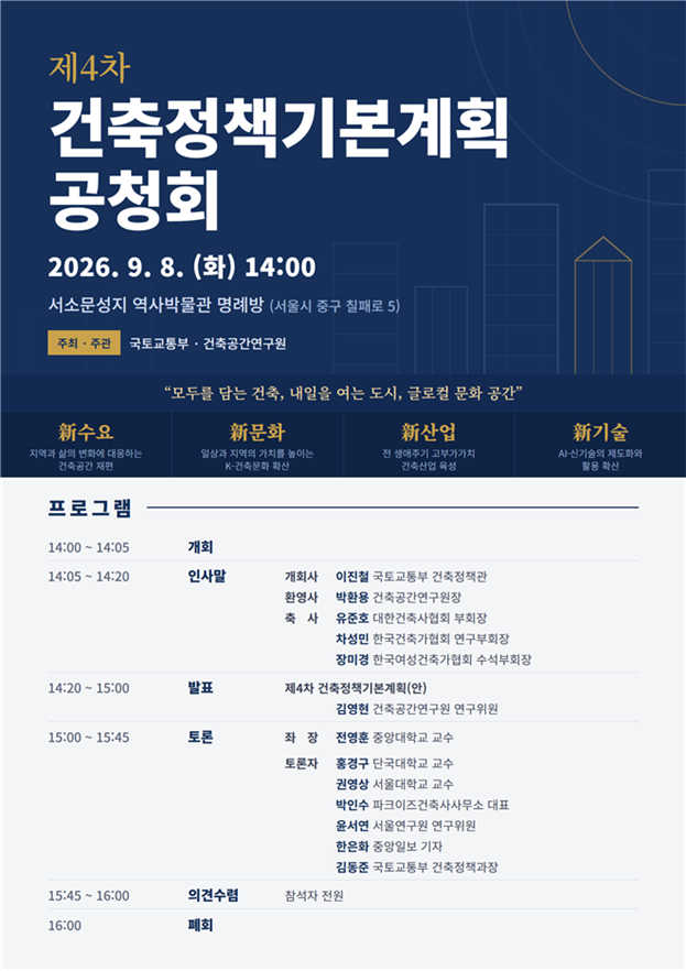 건축공간연구원(AURI)이 오는 8일 오후 서울 중구 서소문성지 역사박물관 명례방에서 '제4차 건축정책기본계획 공청회'를 개최한다. /건축공간연구원