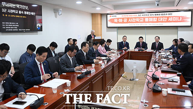 '무너지는 국가안보, 3군 사관학교 졸속 통폐합 대안' 세미나 참석해 축사하는 장 대표.