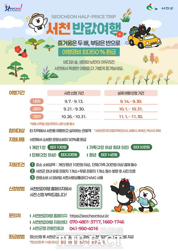 서천군 '서천에 반(半)하다' 반값여행 홍보 포스터. 여행경비의 50%를 모바일 서천사랑상품권으로 환급한다. /서천군