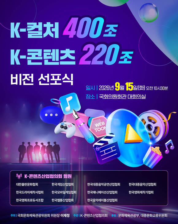11개 콘텐츠 협·단체가 모여 15일 오전 10시 30분 국회의원회관 대회의실에서 'K-컬처 400조·K-콘텐츠 220조 비전선포식'을 개최한다. /K-콘텐츠산업협의회