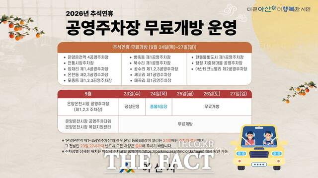 아산시 2026년 추석 연휴 공영주차장 무료 개방 운영 홍보문. /아산시