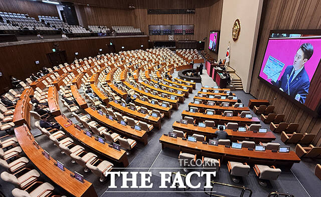 전용기 더불어민주당 의원이 9일 오후 서울 여의도 국회에서 열린 정치 분야 대정부 질문에 참석해 이진수 법무부 장관 직무대행에게 질의를 하는 가운데 많은 의석이 비어있다. /국회=배정한 기자