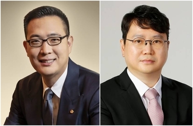 한화세미텍이 한미반도체를 상대로 제기한 특허 침해 금지·손해배상 청구 소송의 3차 변론기일이 10일 오전 서울중앙지법에서 진행됐다. 사진은 김동선 한화M&S 미래전략총괄 사장(왼쪽)과 곽동신 한미반도체 회장. /한화·한미반도체