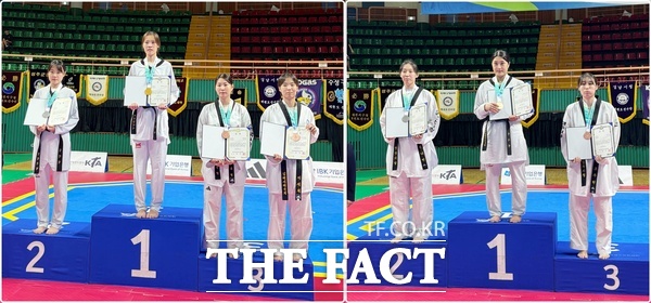대전시 서구청 여자 태권도 선수들이 5일부터 7일까지 전남광주 구례군 실내체육관에서 열린 제61회 대통령기 전국단체대항태권도대회에서 2개의 금메달을 획득했다. 사진 왼쪽 1위가 57kg급 금메달 이한나 선수, 사진 오른쪽 1위가 73kg급 금메달 진가연 선수. /대전시 서구