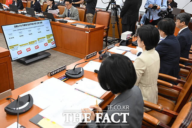 코로나19 치료제 임상지원사업 신청 현황 지켜보는 오유경 식약청장과 현수엽 보건복지부 1차관, 정은경 보건복지부 장관(왼쪽부터).
