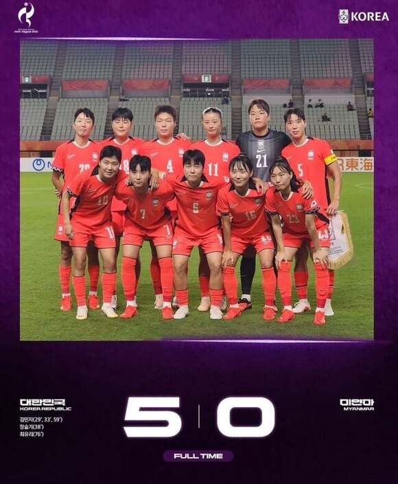 한국 여자 축구 국가대표팀이 14일 일본 오사카 나가이 스타디움에서 열린 2026 아이치·나고야 아시안게임 축구 여자 F조 2경기에서 미얀마에 5-0으로 이겼다. /대한축구협회