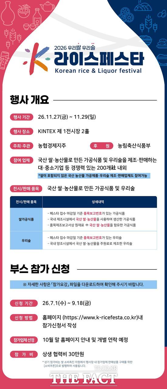 농협 대전본부가 오는 11월 27일 일산 킨텍스에서 열릴 예정인 ‘2026 우리쌀·우리술 K-라이스페스타’ 행사 참가업체를 18일까지 모집한다. 사진은 행사 홍보 포스터 /농협 대전본부