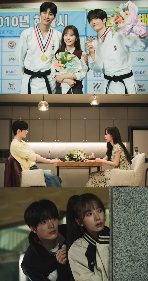 디즈니+·채널A 새 드라마 '너에게 다이브'에 출연하는 배우 김지연(맨 아래 오른쪽)과 장세혁의 스틸이 공개됐다. /덱스터픽쳐스, 아뮤즈엔터테인먼트