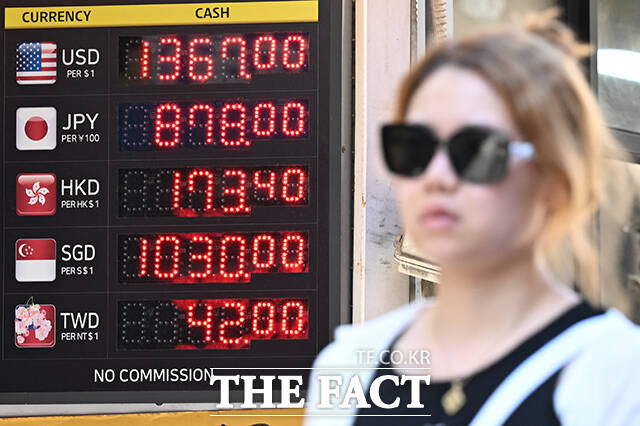 국제 유가 급등과 미국 연방공개시장위원회(FOMC) 경계에 원·달러 환율이 상승하고 있는 16일 오전 서울 중구 명동의 한 환전소 앞 전광판에 환율 지수가 표시돼 있다. /김성렬 기자