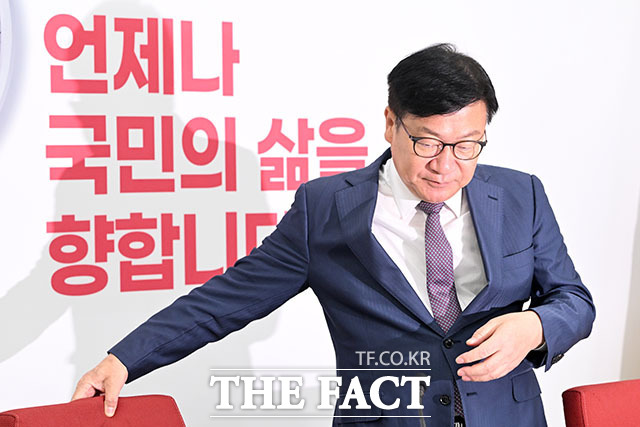 정점식 국민의힘 원내대표가 16일 오전 서울 여의도 국회에서 기자간담회를 열고 발언을 하고 있다. /국회=서예원 기자