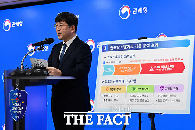 17일 오전 인천 영종구 인천공항본부세관 수출입통관청사에서 관세청 관계자들이 '짝퉁 마운자로 해외 반입 유해의약품 반입 차단 강화' 브리핑을 앞두고 압수품을 공개하고 있다. /인천=남윤호 기자