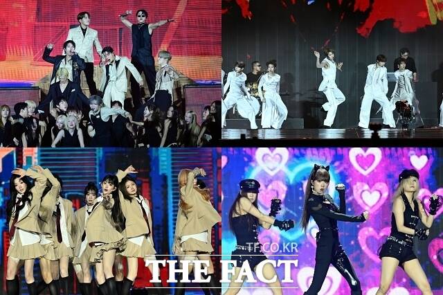 그룹 에이티즈와 클로즈 유어 아이즈, 최예나, 트리플에스(왼쪽 위부터 시계방향)는 '2026 TMA'를 위해 최초 공개 무대나 새로운 콘셉트를 선보여 눈길을 끌었다. 사진은 19일 부산 아시아드주경기장에서 열린 '2026 더팩트 뮤직 어워즈'에서 에이티즈, 클로즈 유어 아이즈, 최예나, 트리플에스가 무대를 펼치는 모습이다./이새롬 기자