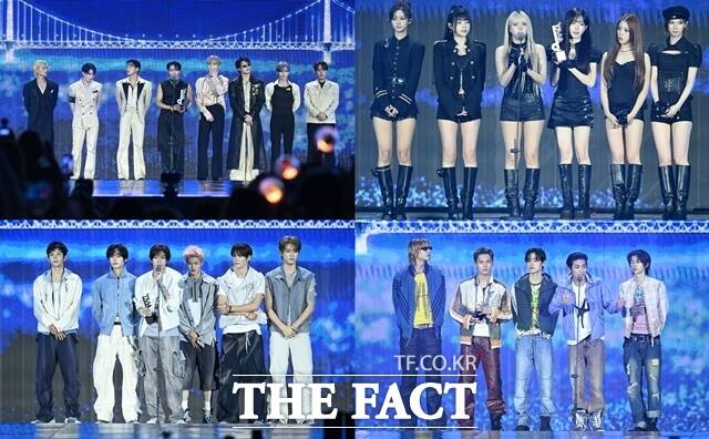 그룹 에이티즈 엔믹스 코르티스 라이즈(왼쪽 위부터 시계방향)가 지난 19일 더팩트가 주최하고 팬앤스타, UCW가 주관하는 '2026 더팩트 뮤직 어워즈'에서 영예의 대상을 품에 안았다. /부산아시아드주경기장=배정한 기자