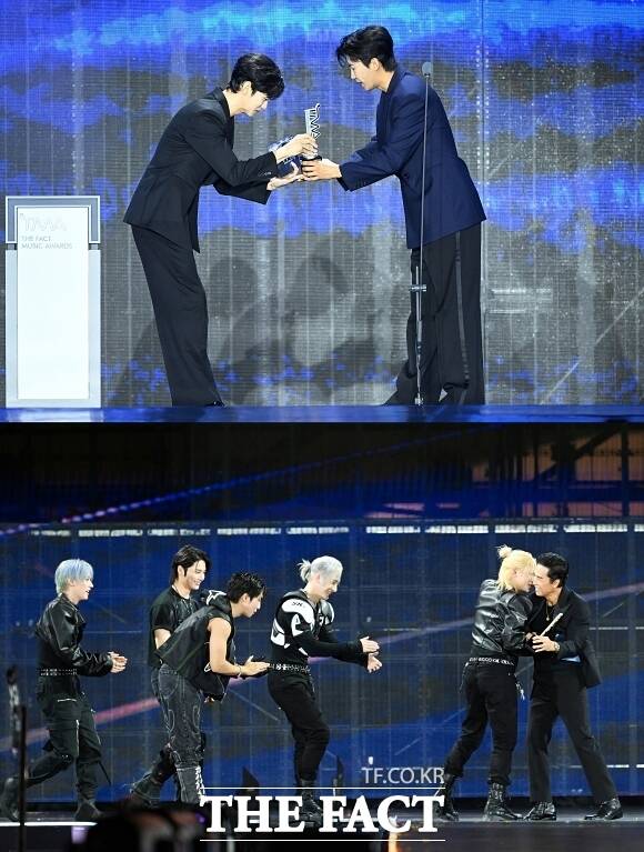배우 김수현(사진 위 왼쪽)은 특별 시상자로 '2026 TMA'에 참석해 가수 임영웅에게 트로피를 건넸다. 지난해 9월 20일 마카오 퍼포먼스 베뉴에서 열린 '2025 TMA'에서는 홍콩 배우 견자단(사진 아래 오른쪽)이 그룹 스트레이 키즈에게 'TMA 인기상'을 시상했다./박헌우 기자, 서예원 기자