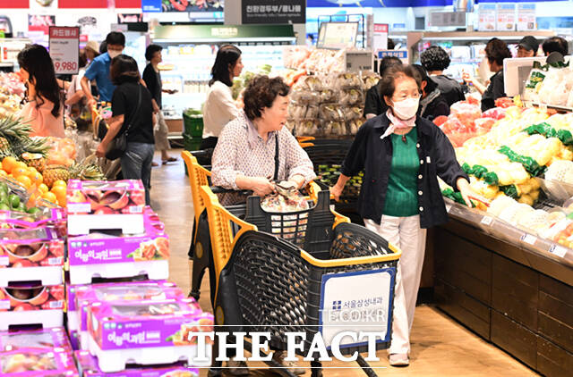 이마트가 추석 명절 연휴를 맞아 할인 행사를 여는 가운데, 22일 서울 용산구 이마트 용산점을 찾은 소비자들이 장을 보고 있다.